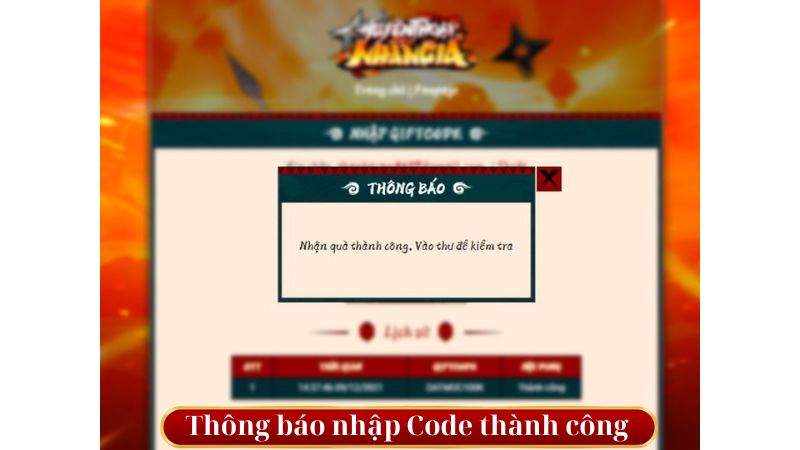 Sau khi nhập code thành công sẽ hiện thông báo.