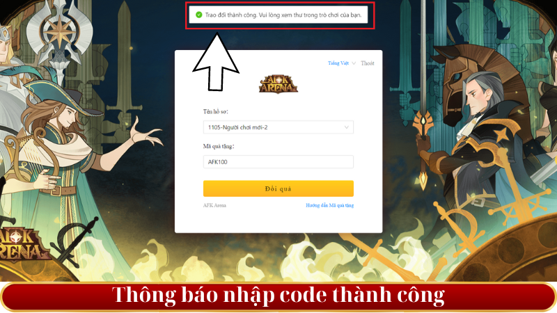 thông báo nhập Code AFK Arena thành công