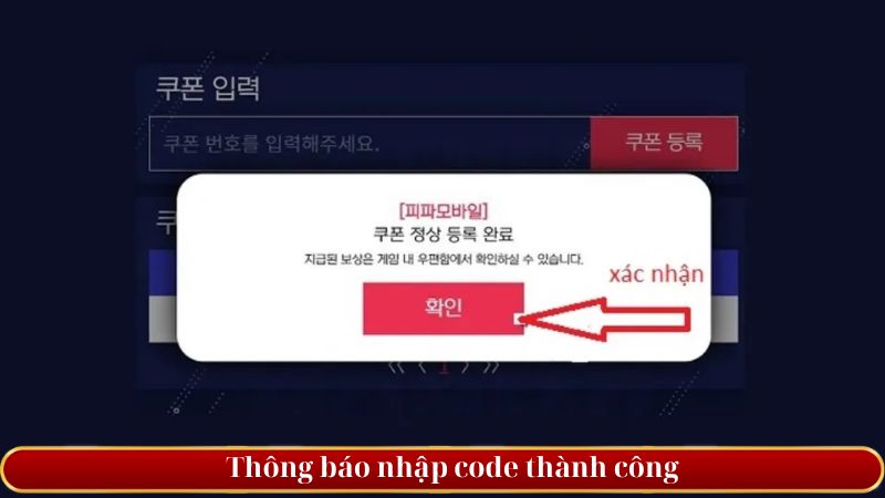 thông báo nhập code thành công