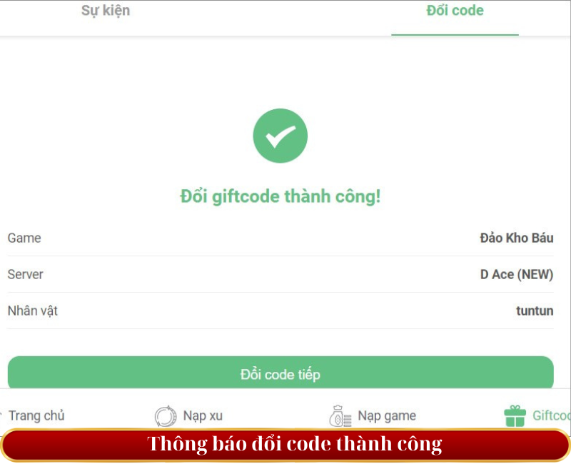 thông báo đổi code thành công