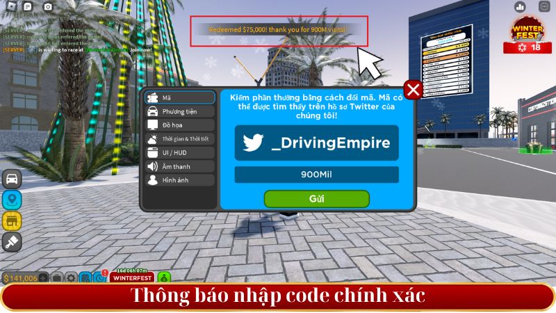 thông báo nhập code Driving Empire chính xác