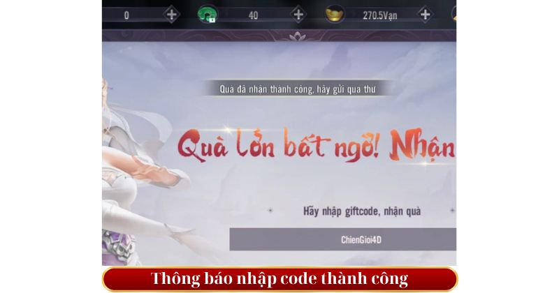 thông báo nhập code thành công