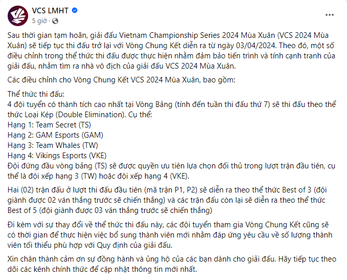 thông báo thông tin về vòng Playoffs VCS Mùa Xuân 2024